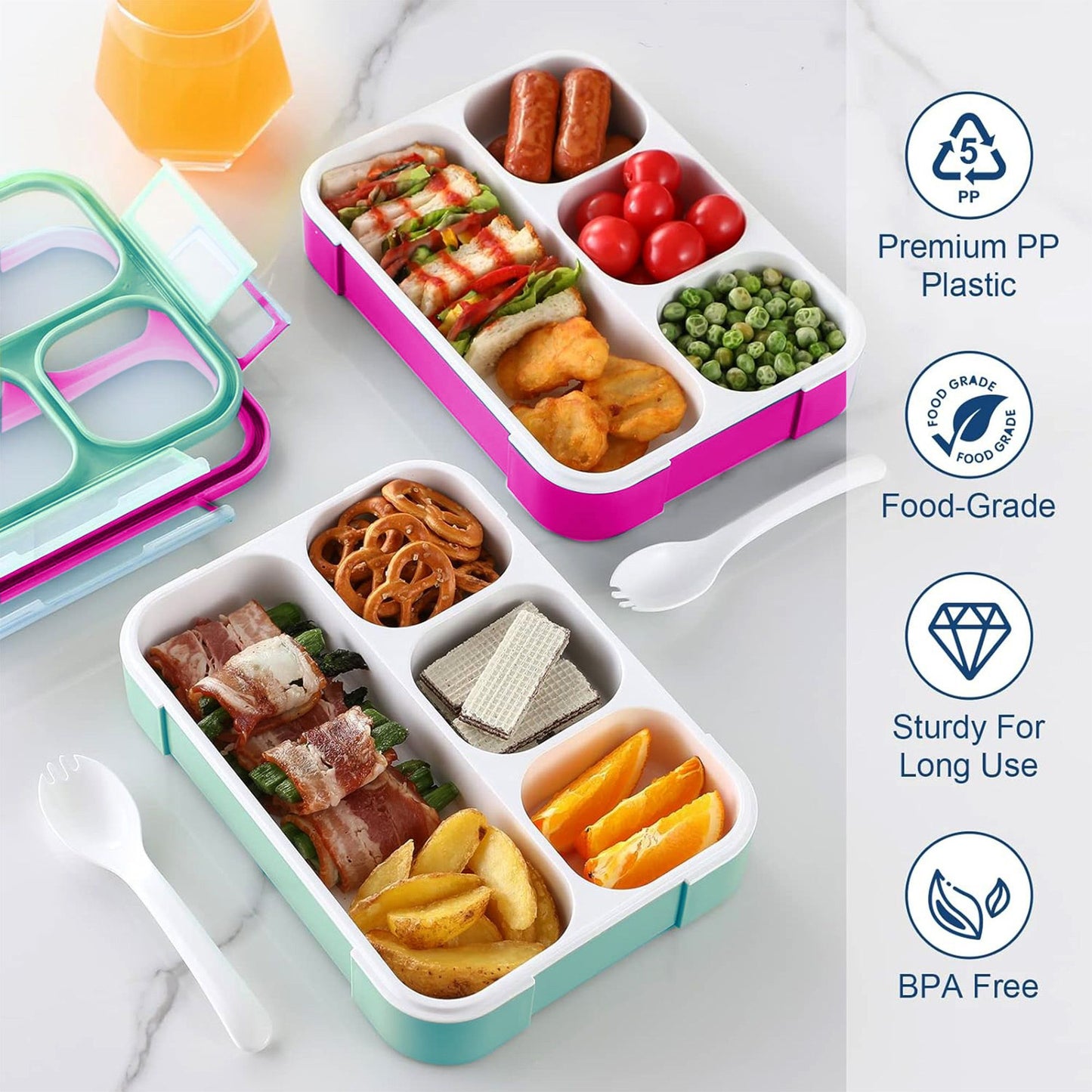2 Pack, 4-Compartment Leakproof Lunch Containers for Toddlers 530ml 2 Colors