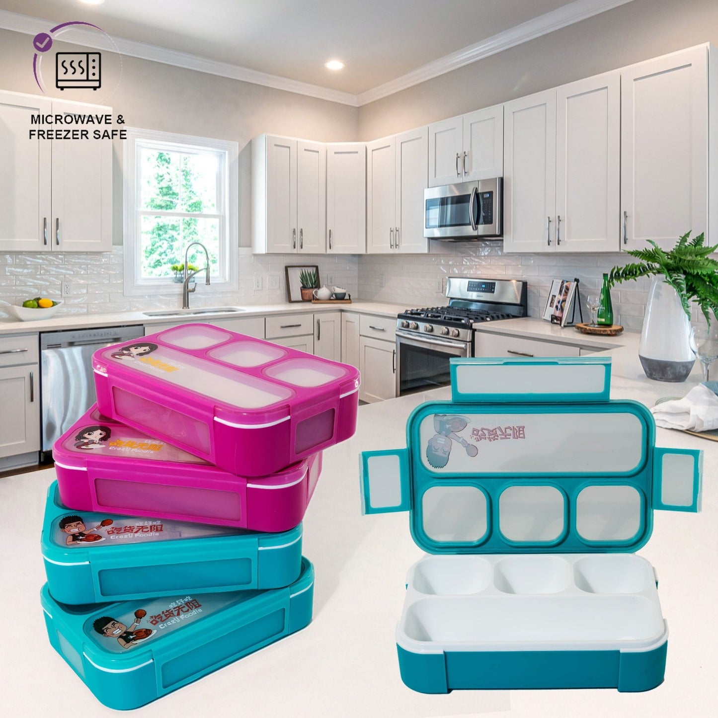 2 Pack, 4-Compartment Leakproof Lunch Containers for Toddlers 530ml 2 Colors