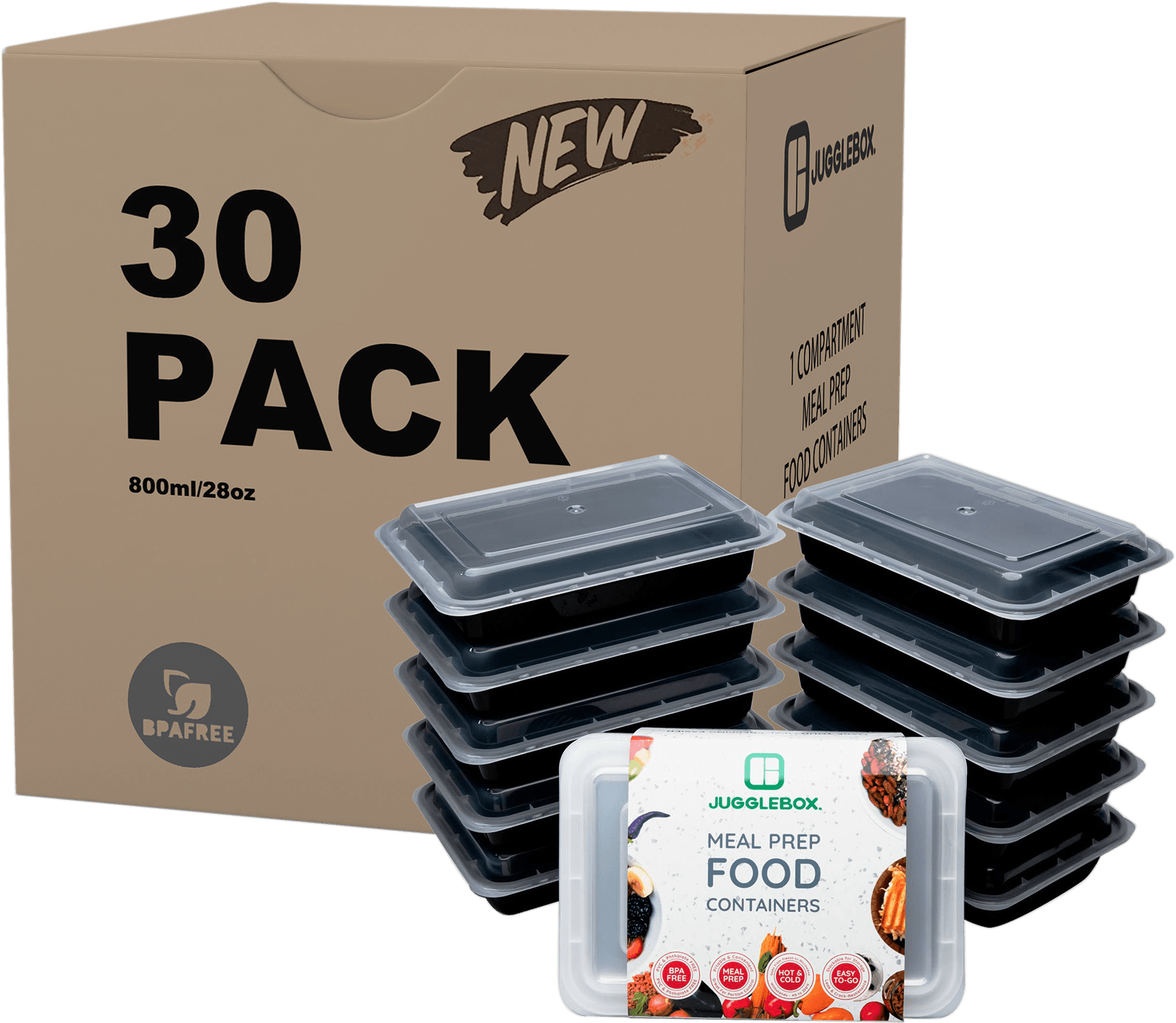 30 Pack Reusable Meal Prep Containers Black [800ml