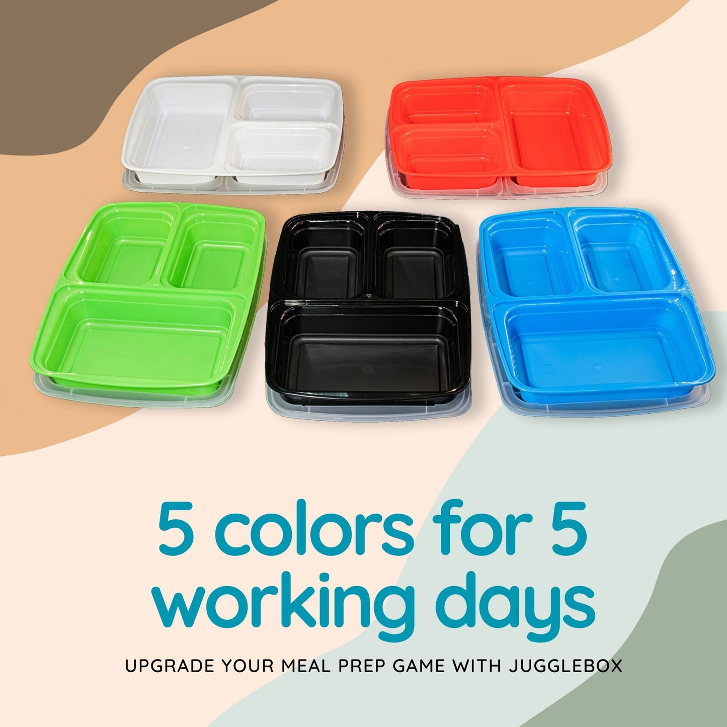 50 Pack 5 Mixed Color 3-Compartment Reusable Meal Prep Containers [942ml]