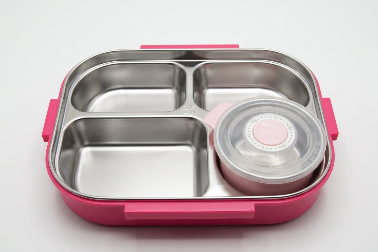 Bento Lunch Box with Stainless Steel Compartments, Spoon & Snack Container