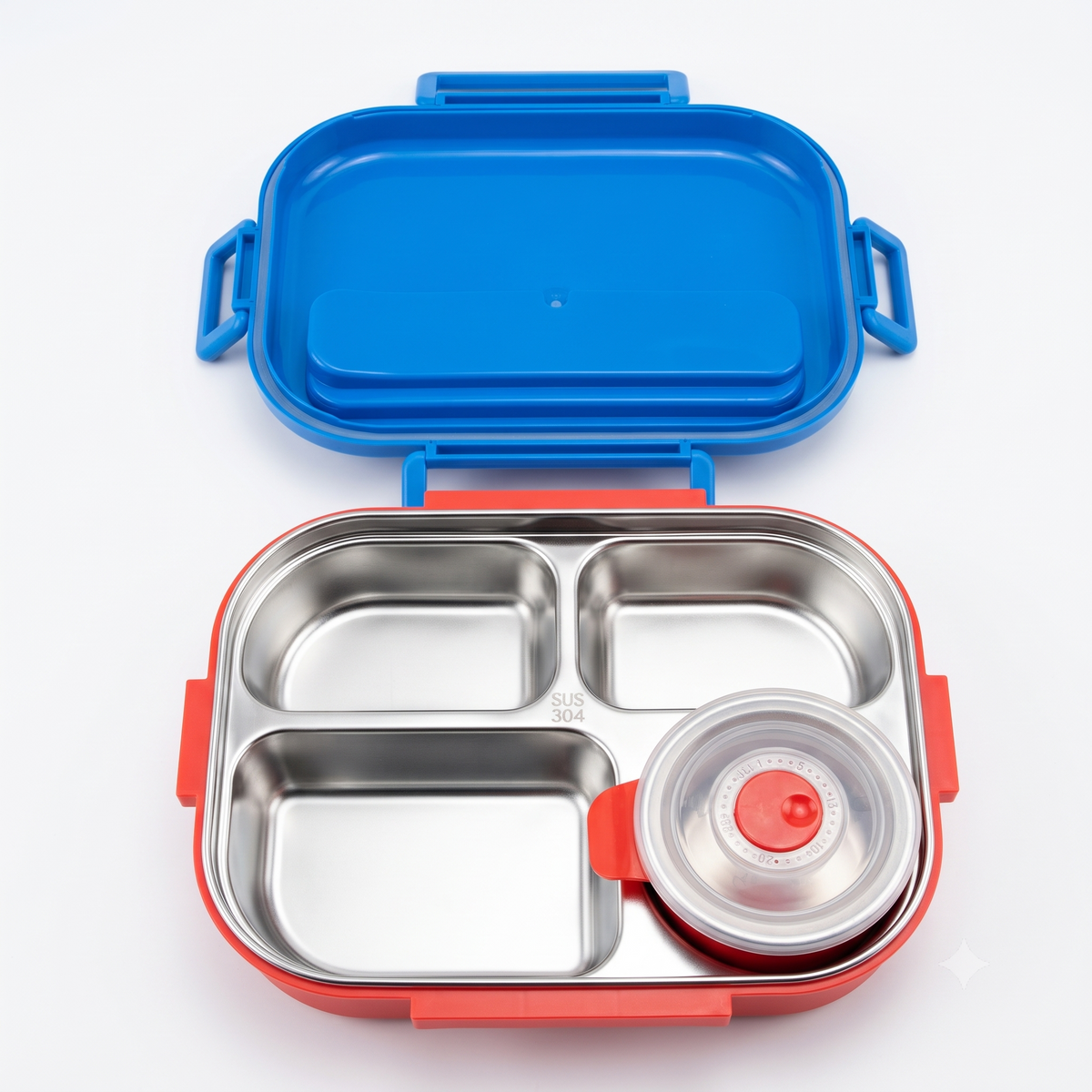 Bento Lunch Box with Stainless Steel Compartments, Spoon & Snack Container