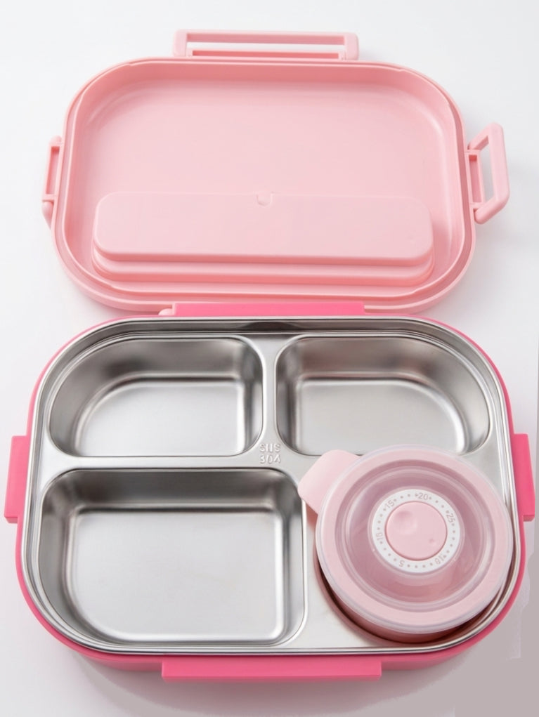 Bento Lunch Box with Stainless Steel Compartments, Spoon & Snack Container