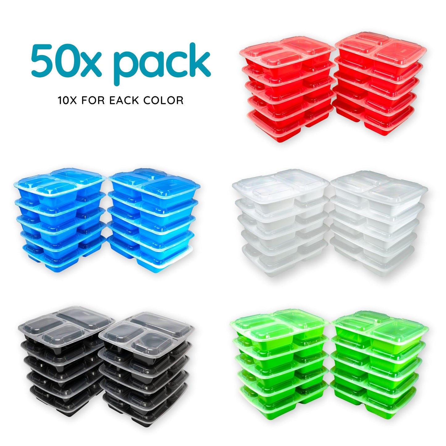 50 Pack 5 Mixed Color 3-Compartment Reusable Meal Prep Containers [942ml]