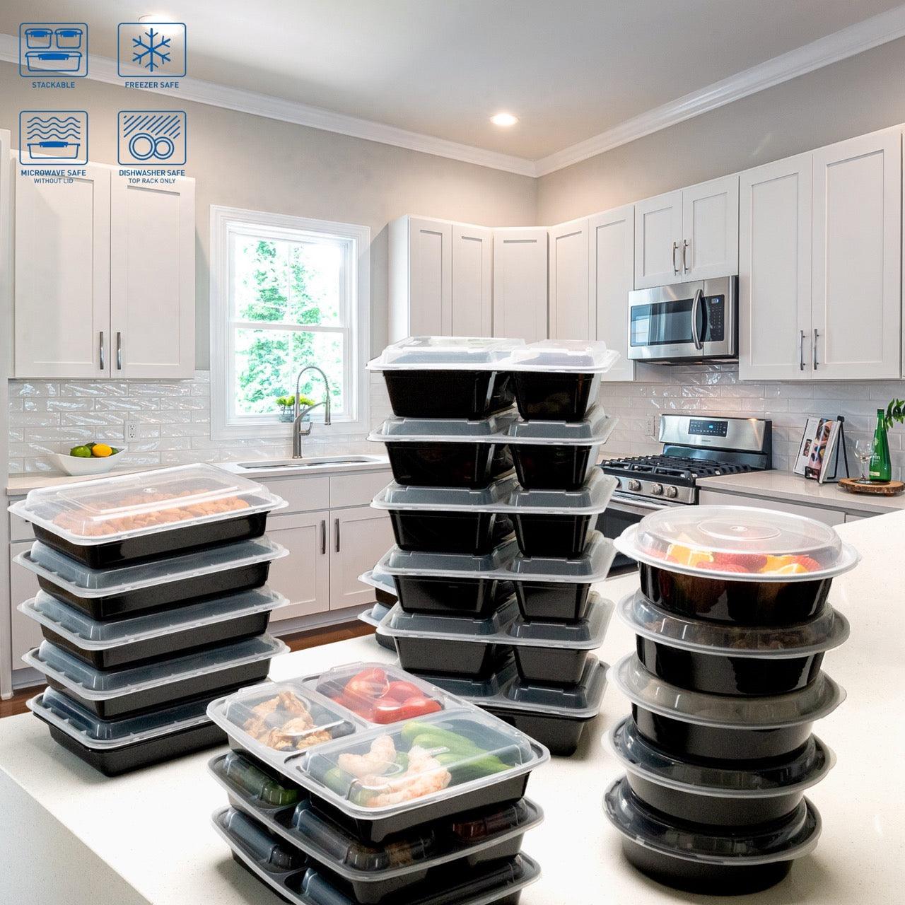 30 Pack 3-Compartment Reusable Meal Prep Containers Black [942ml] - Jugglebox Australia