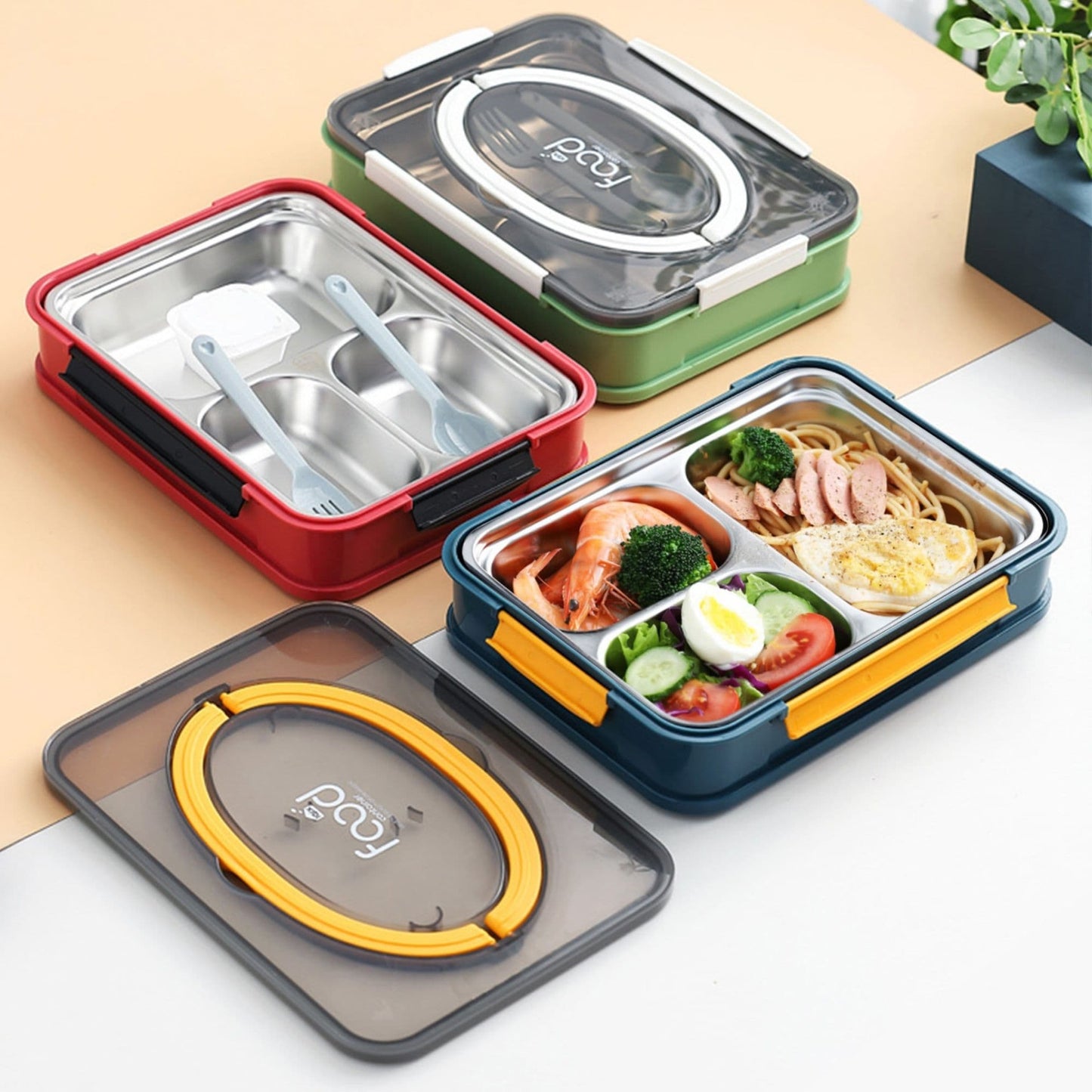 3-Compartment Stainless Steel Lunch Box with Leak-Proof Lid 1000 ml