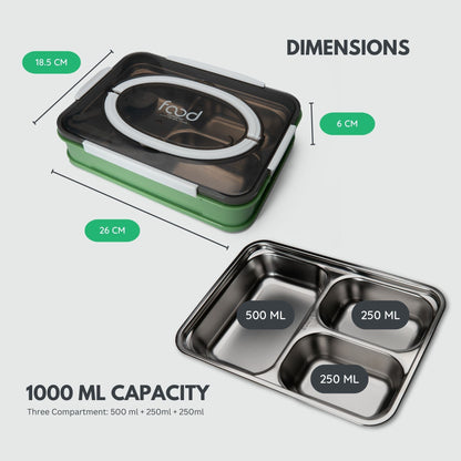 3-Compartment Stainless Steel Lunch Box with Leak-Proof Lid 1000 ml