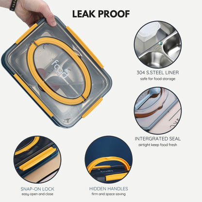 3-Compartment Stainless Steel Lunch Box with Leak-Proof Lid 1000 ml
