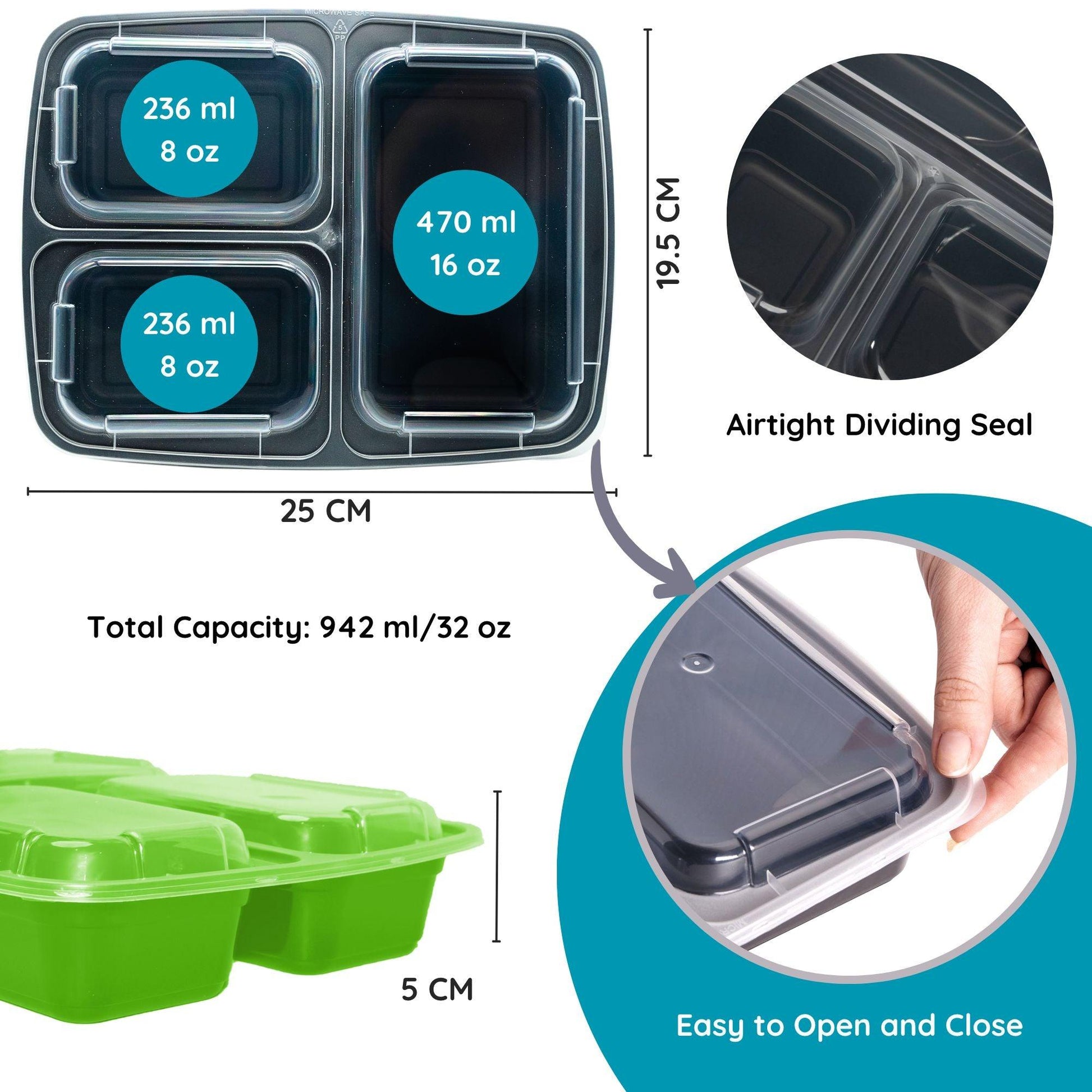 10 Pack 3-Compartment Reusable Meal Prep Containers Green [942ml] - Jugglebox Australia