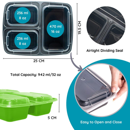 10 Pack 3-Compartment Reusable Meal Prep Containers Green [942ml] - Jugglebox Australia