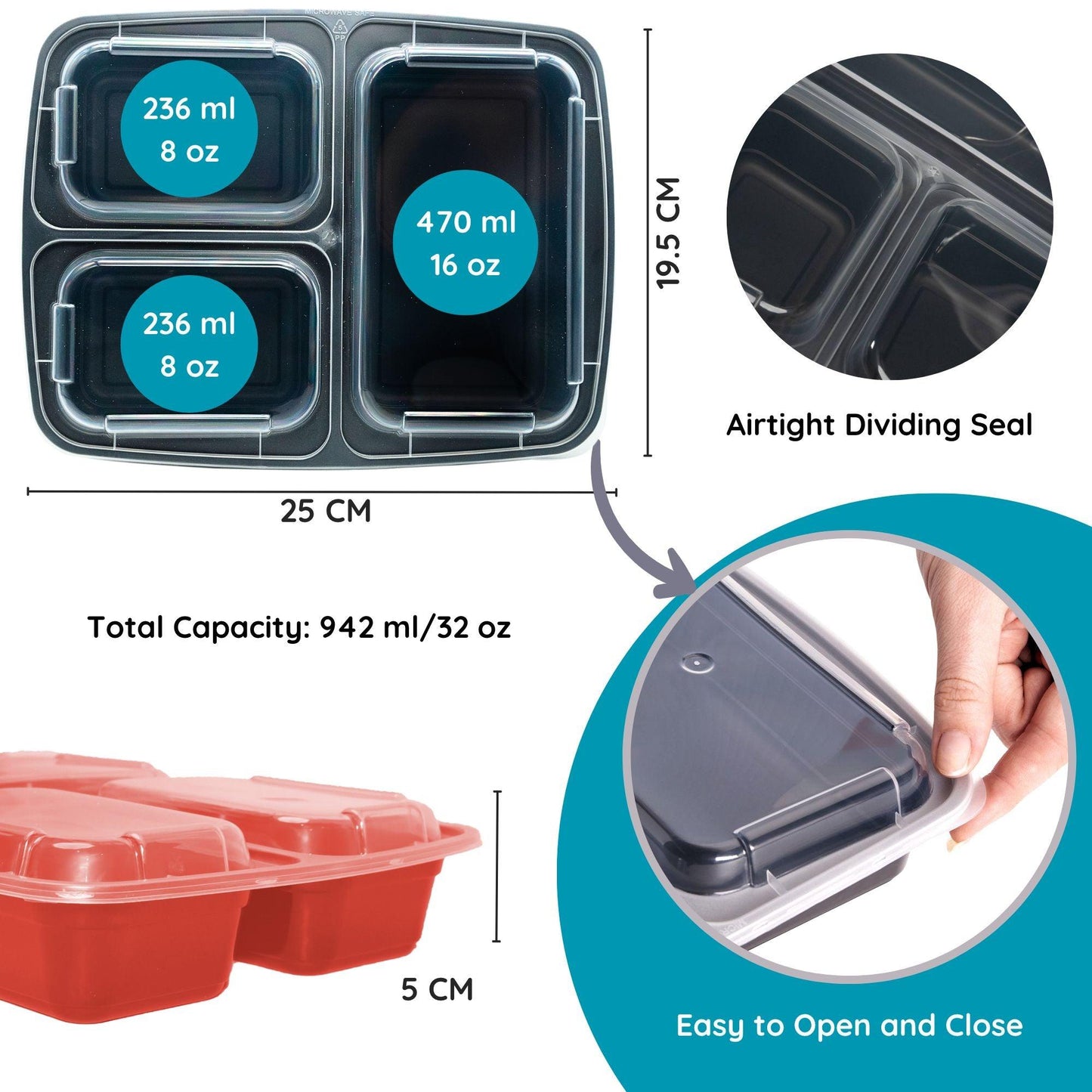 10 Pack 3-Compartment Reusable Meal Prep Containers Red [942ml] - Jugglebox Australia
