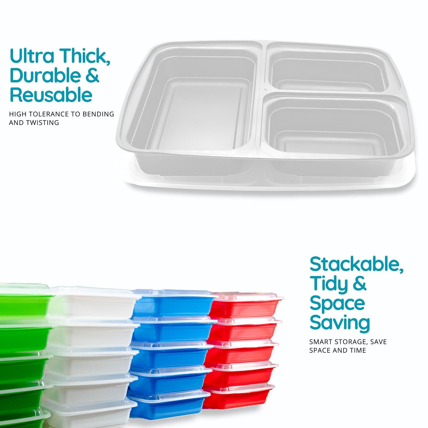 10 Pack 3-Compartment Reusable Meal Prep Containers White [942ml] - Jugglebox Australia
