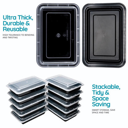 10 Pack 1-Compartment Reusable Meal Prep Containers Black [800ml] - Jugglebox Australia