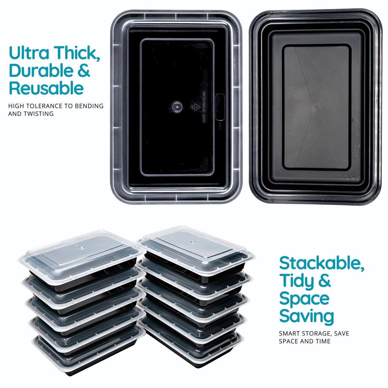 20 Pack 1-Compartment Reusable Meal Prep Containers Black [800ml] - Jugglebox Australia