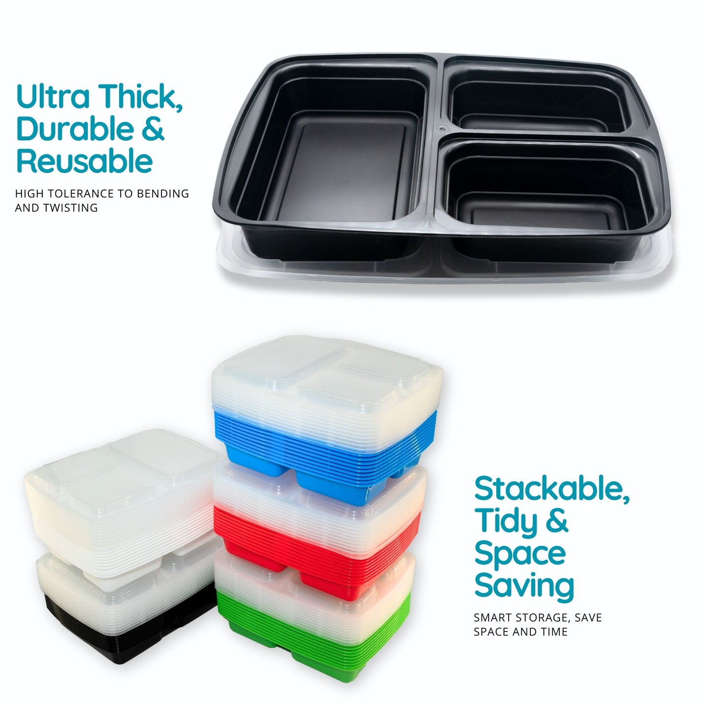 50 Pack 5 Mixed Color 3-Compartment Reusable Meal Prep Containers [942ml]