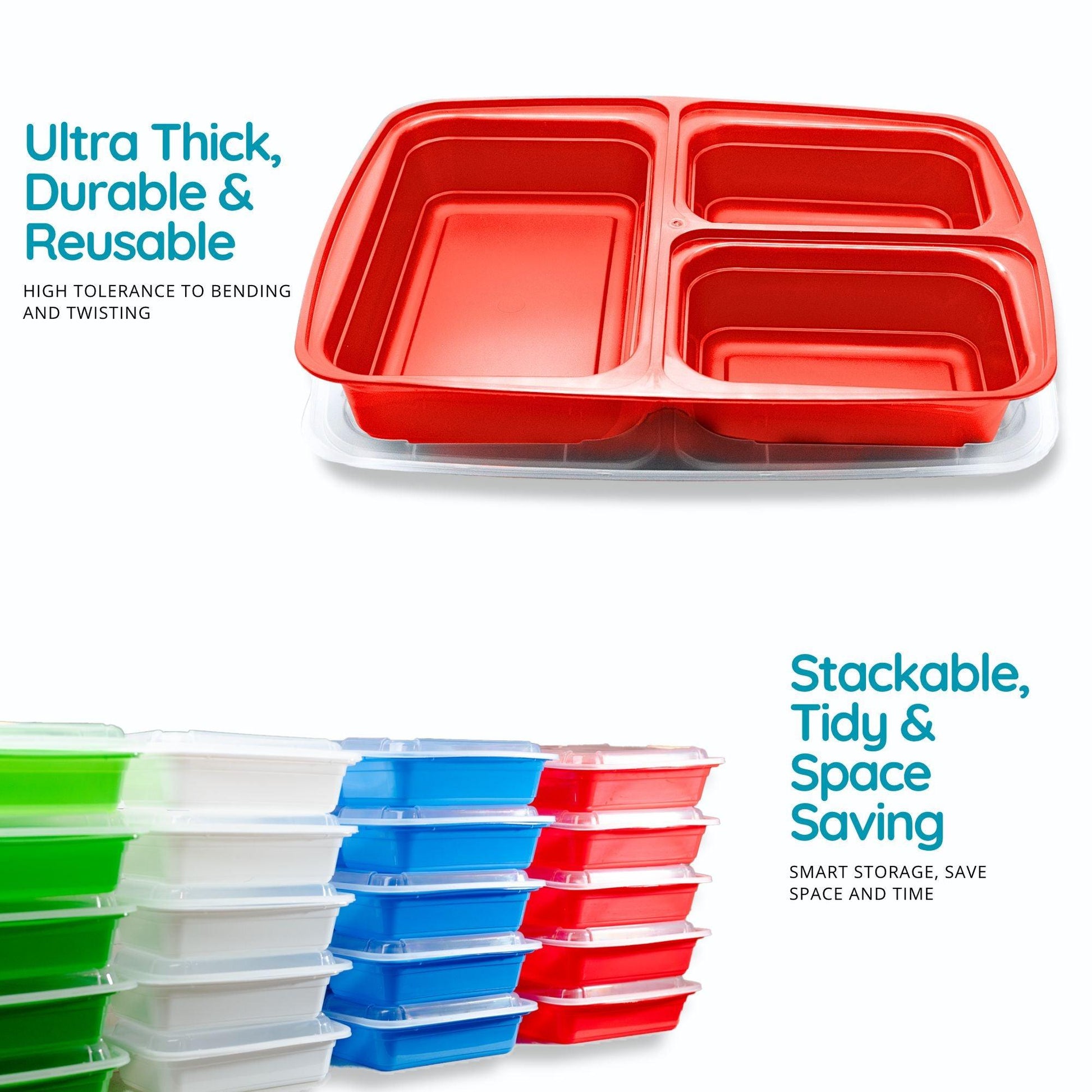 10 Pack 3-Compartment Reusable Meal Prep Containers Red [942ml] - Jugglebox Australia