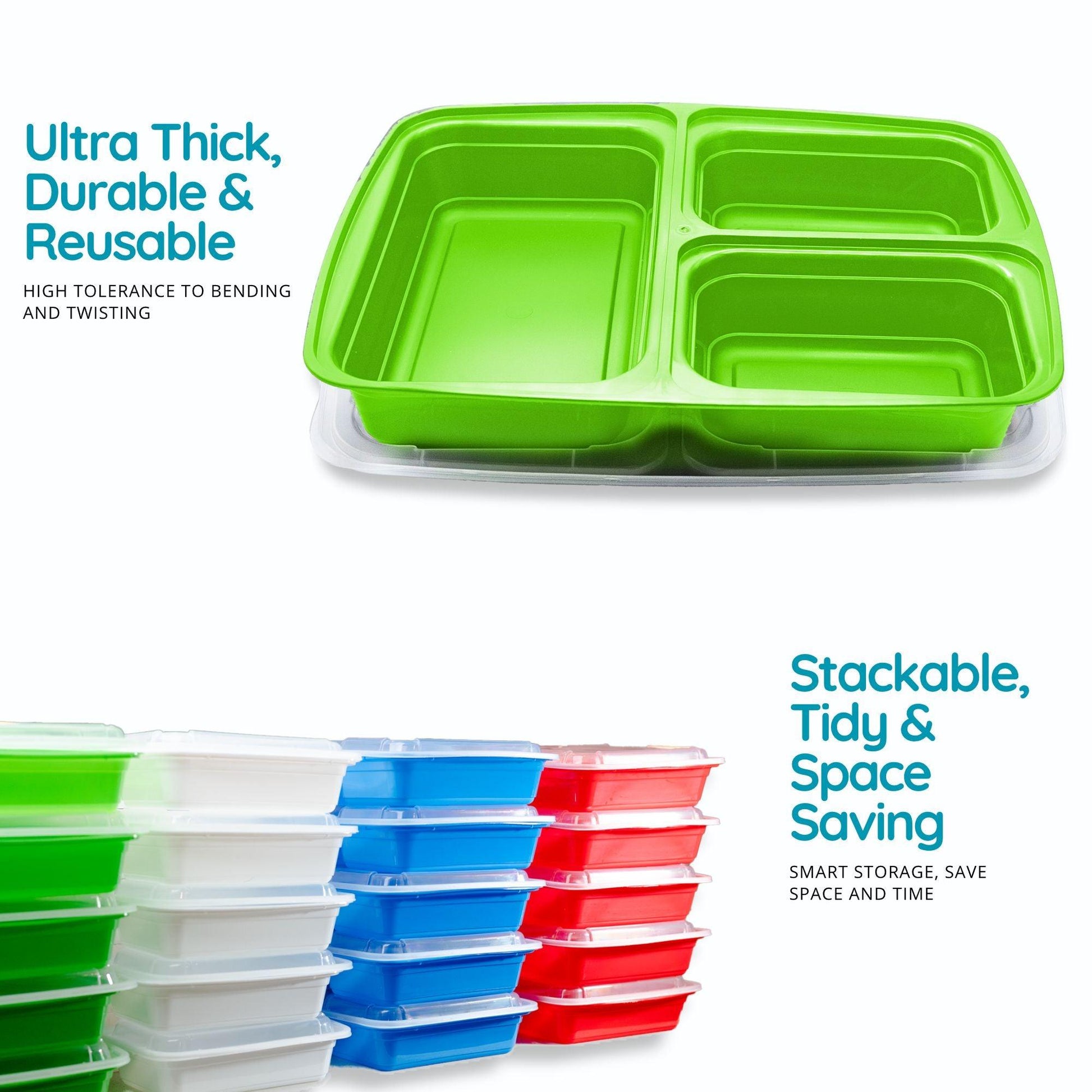 10 Pack 3-Compartment Reusable Meal Prep Containers Green [942ml] - Jugglebox Australia