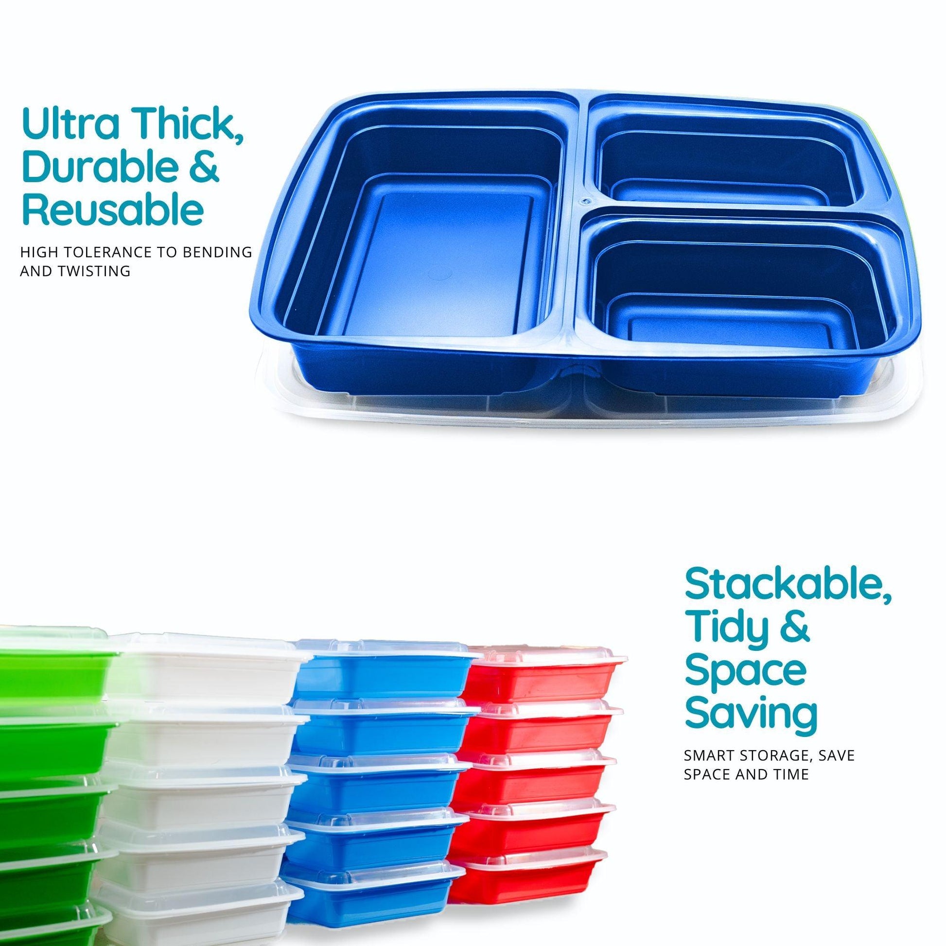 10 Pack 3-Compartment Reusable Meal Prep Containers Blue [942ml] - Jugglebox Australia