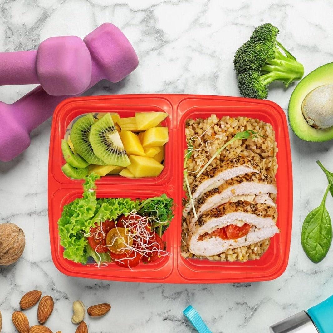 10 Pack 3-Compartment Reusable Meal Prep Containers Red [942ml] - Jugglebox Australia
