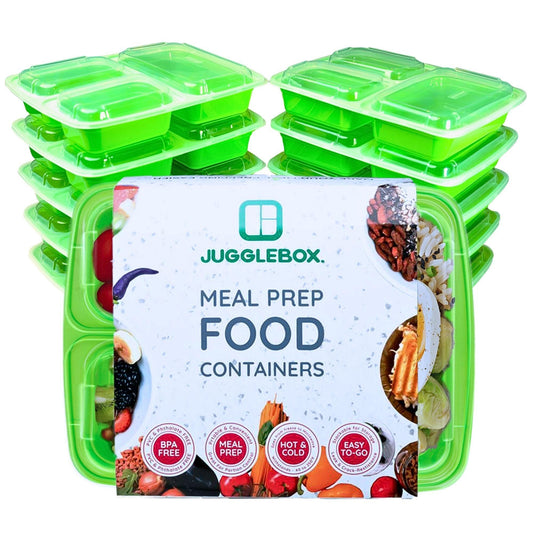 10 Pack 3-Compartment Reusable Meal Prep Containers Green [942ml] - Jugglebox Australia