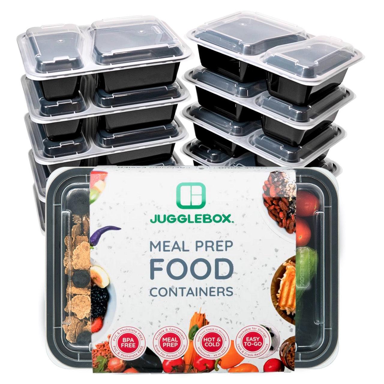 30 Pack 2-Compartment Reusable Meal Prep Containers Black [880ml] - Jugglebox Australia