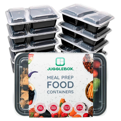 20 Pack 2-Compartment Reusable Meal Prep Containers Black [880ml] - Jugglebox Australia