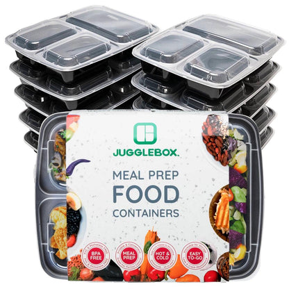 20 Pack 3-Compartment Reusable Meal Prep Containers Black [942ml] - Jugglebox Australia