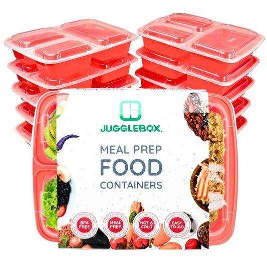 10 Pack 3-Compartment Reusable Meal Prep Containers Red [942ml] - Jugglebox Australia