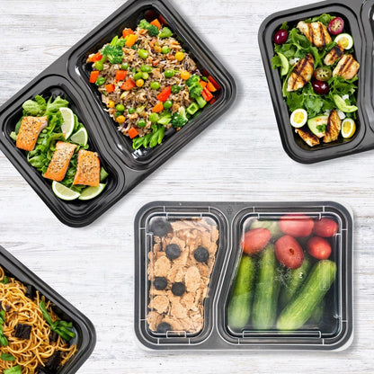 10 Pack 2-Compartment Reusable Meal Prep Containers Black [880ml] - Jugglebox Australia