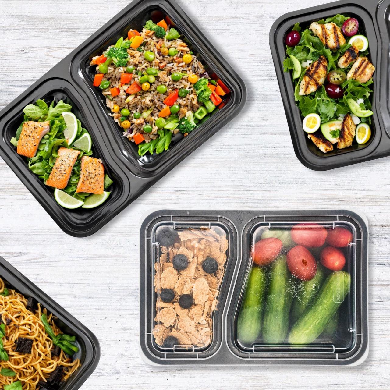 30 Pack 2-Compartment Reusable Meal Prep Containers Black [880ml] - Jugglebox Australia