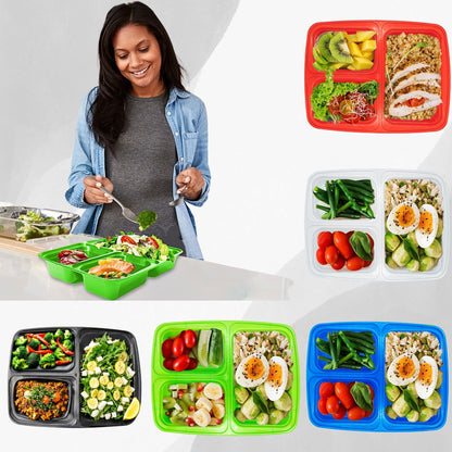 50 Pack 5 Mixed Color 3-Compartment Reusable Meal Prep Containers [942ml]