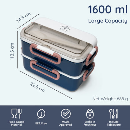 Due-Deck Stainless Steel Lunch Box - Leakproof 3 Compartment 1600 ml