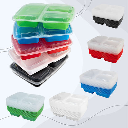 50 Pack 5 Mixed Color 3-Compartment Reusable Meal Prep Containers [942ml]