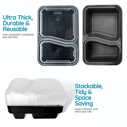 10 Pack 2-Compartment Reusable Meal Prep Containers Black [880ml] - Jugglebox Australia