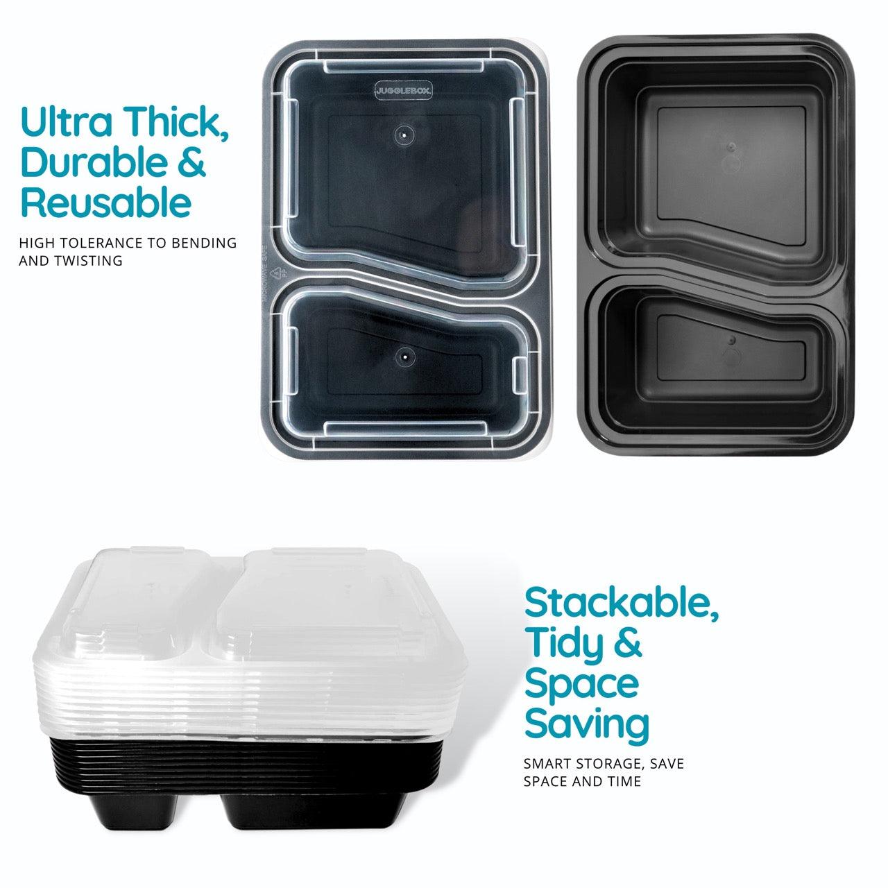 20 Pack 2-Compartment Reusable Meal Prep Containers Black [880ml] - Jugglebox Australia