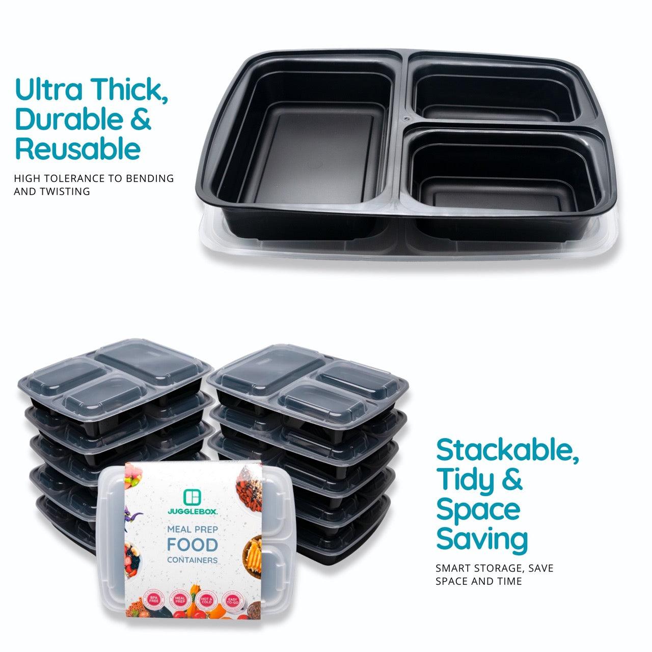 10 Pack 3-Compartment Reusable Meal Prep Containers Black [942ml] - Jugglebox Australia