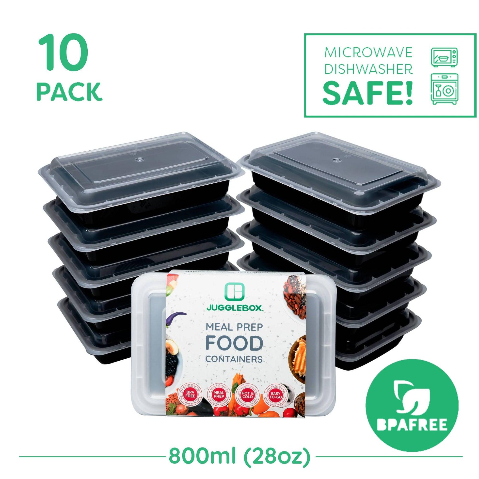 10 Pack 1-Compartment Reusable Meal Prep Containers Black [800ml] - Jugglebox Australia