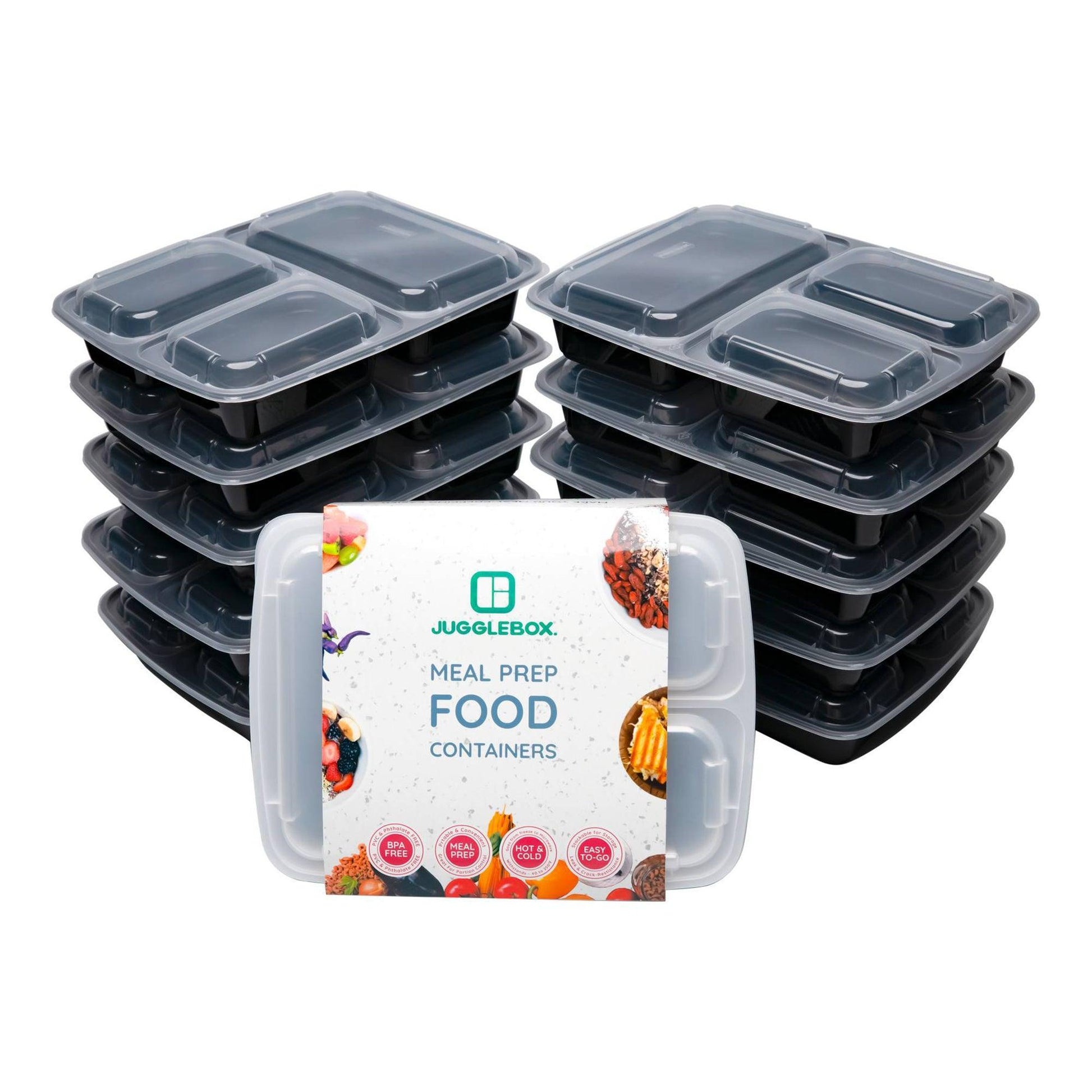 20 Pack 3-Compartment Reusable Meal Prep Containers Black [942ml] - Jugglebox Australia