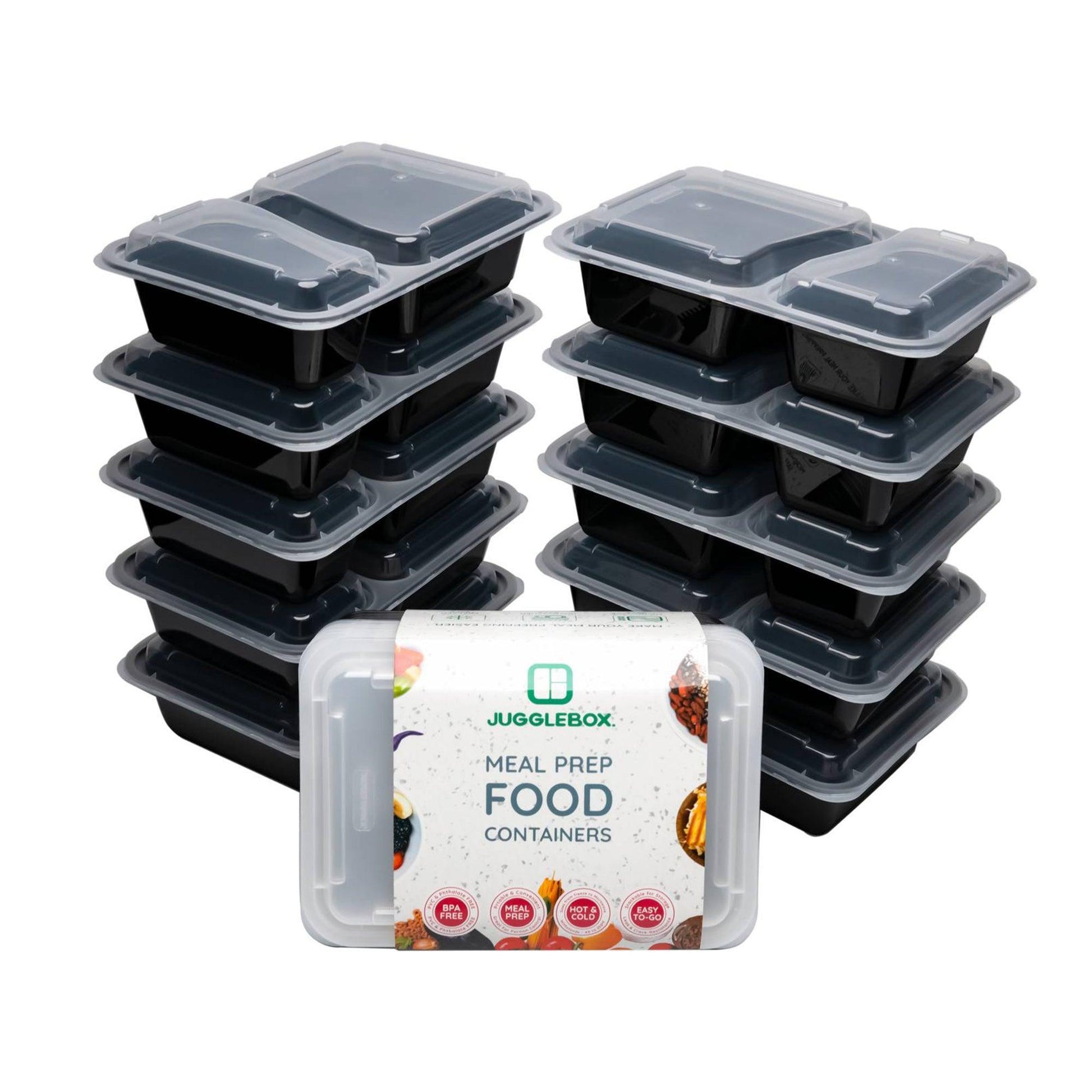 30 Pack 2-Compartment Reusable Meal Prep Containers Black [880ml] - Jugglebox Australia