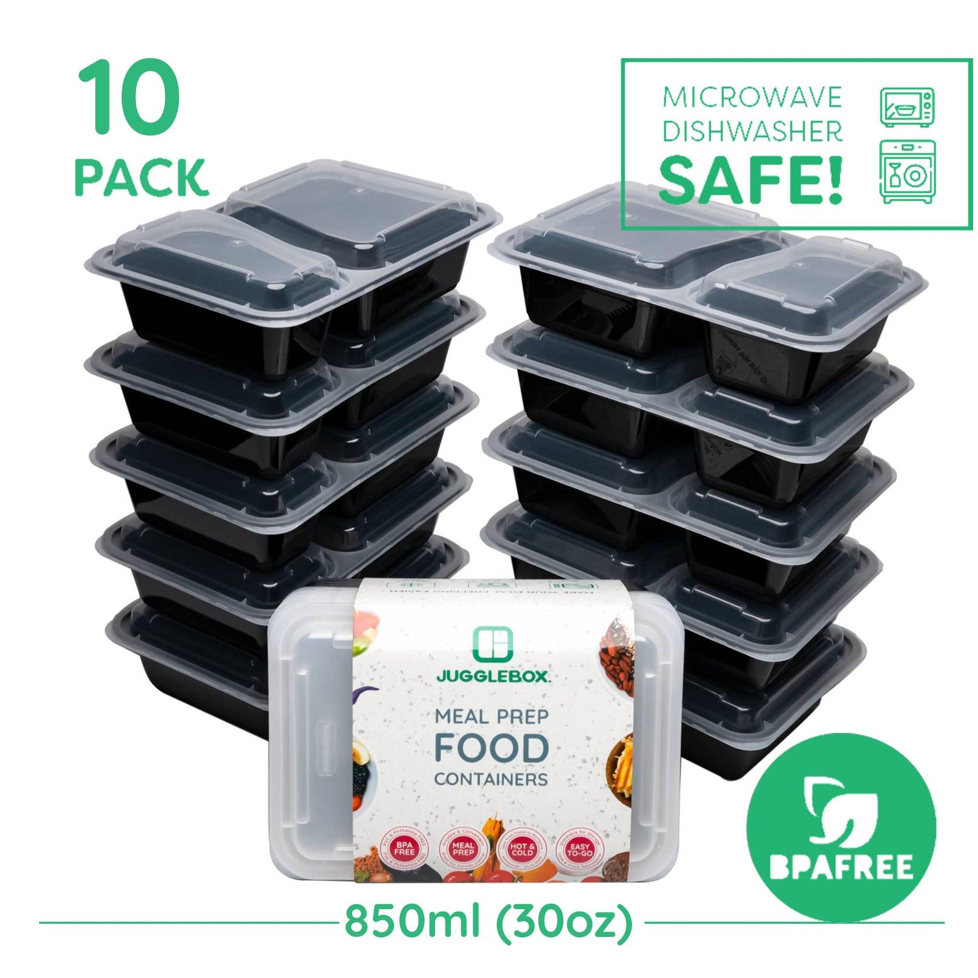 10 Pack 2-Compartment Reusable Meal Prep Containers Black [880ml] - Jugglebox Australia