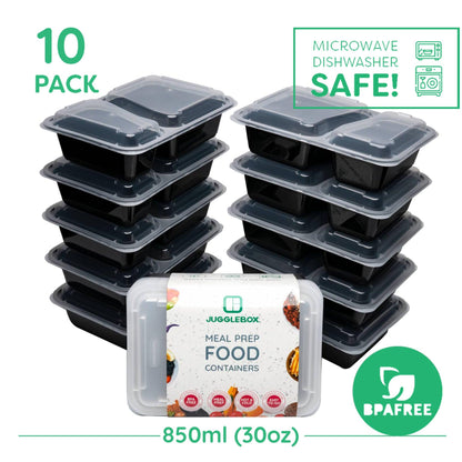 10 Pack 2-Compartment Reusable Meal Prep Containers Black [880ml] - Jugglebox Australia