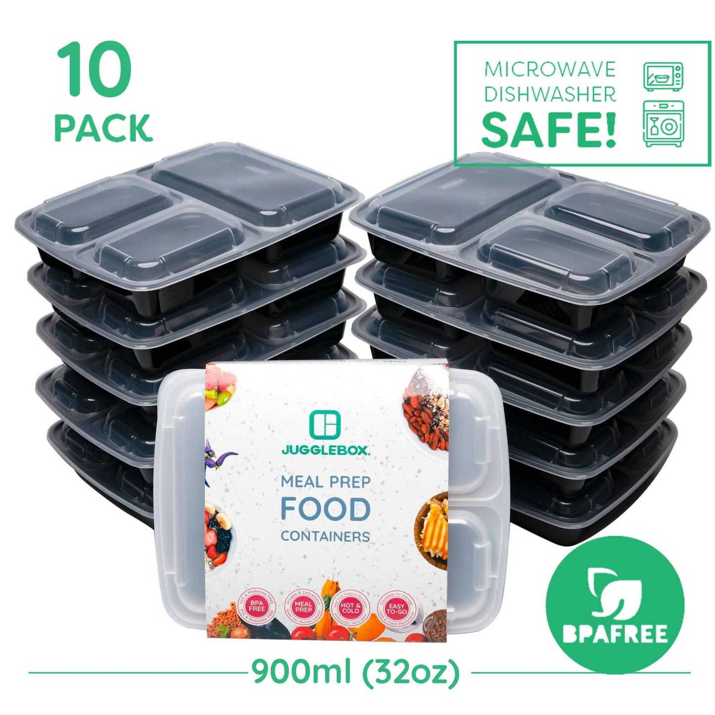 10 Pack 3-Compartment Reusable Meal Prep Containers Black [942ml] - Jugglebox Australia