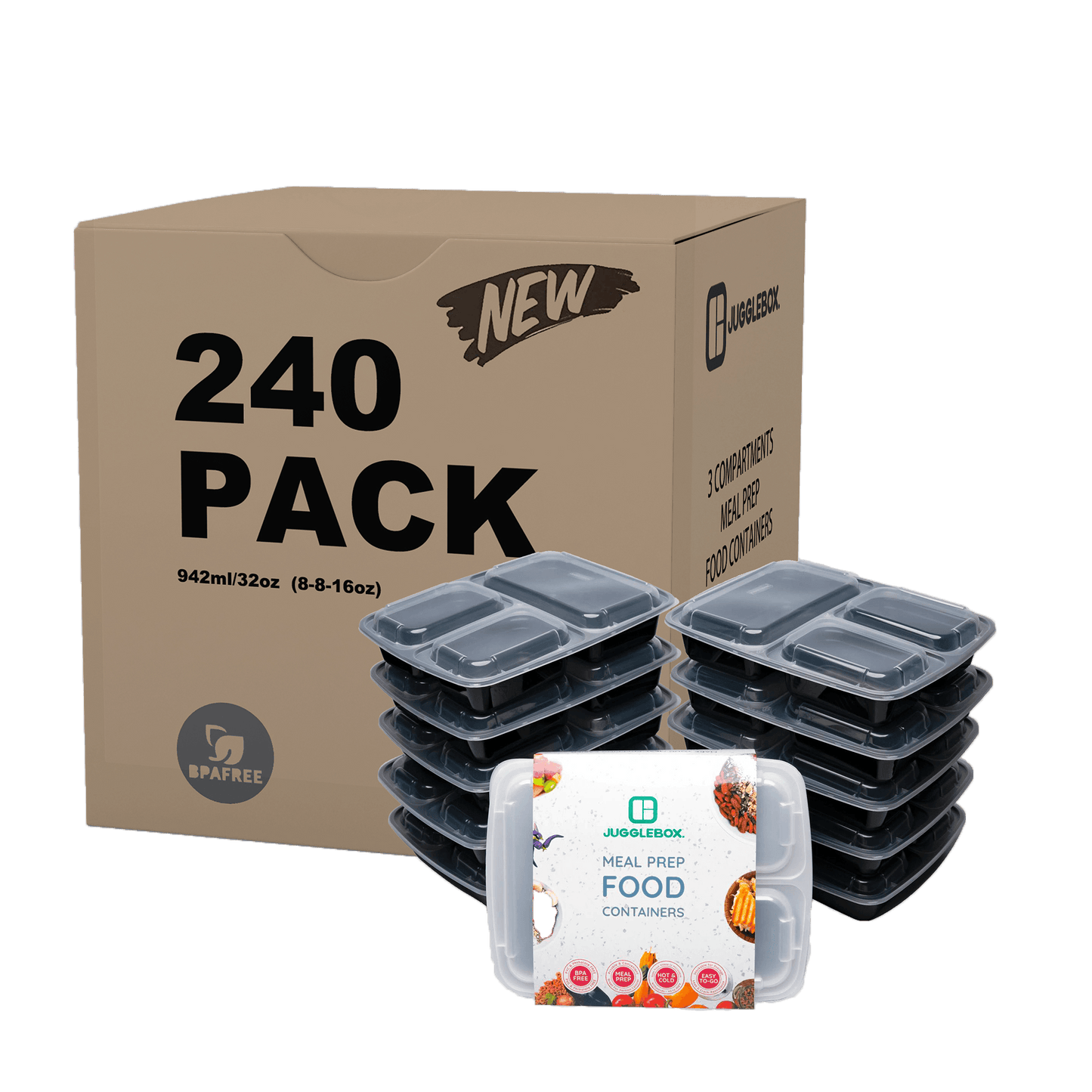 240 X Three Compartment Meal Prep Container Bulk Saving Pack - Jugglebox Australia