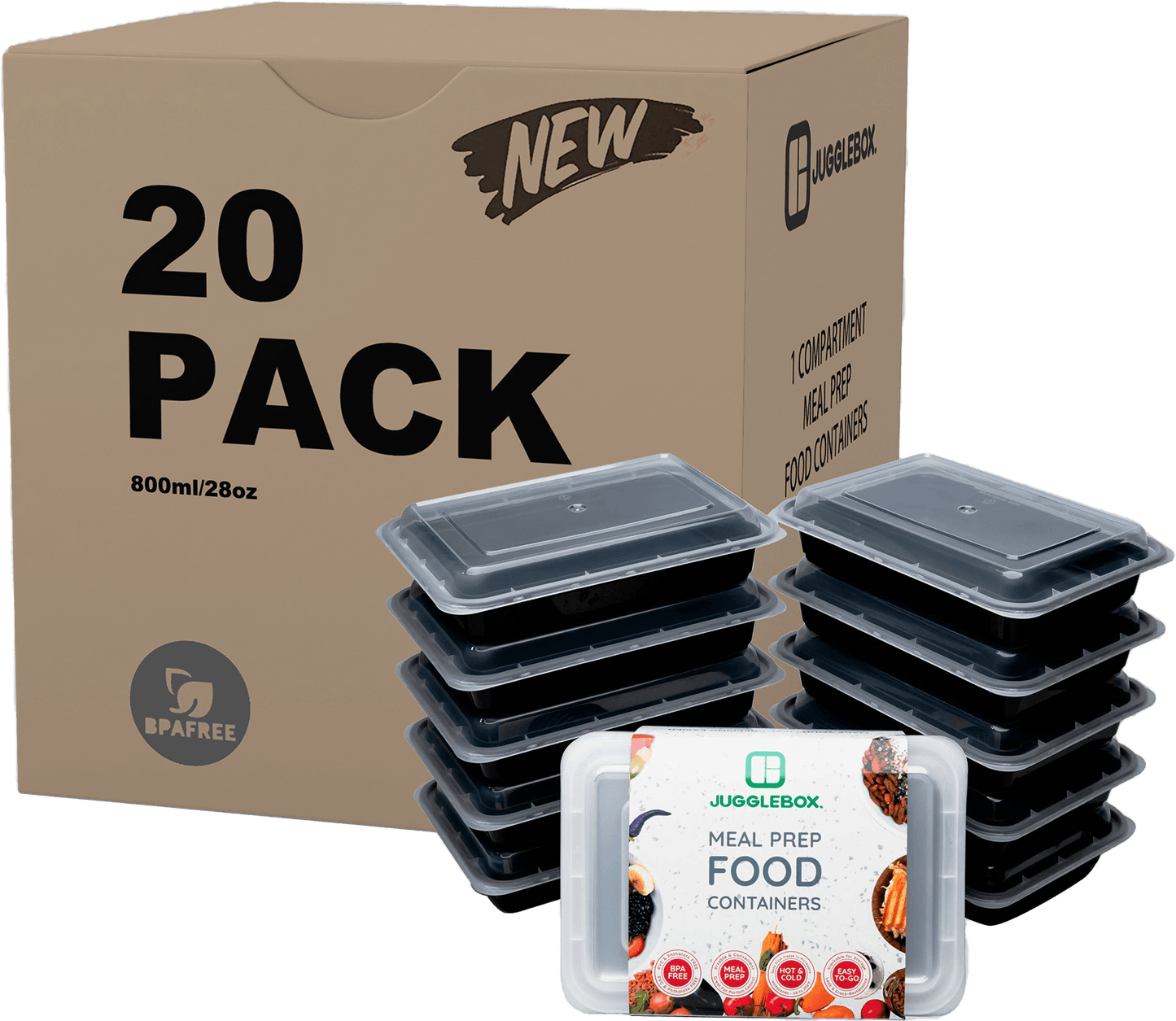 20 Pack 1-Compartment Reusable Meal Prep Containers Black [800ml] - Jugglebox Australia