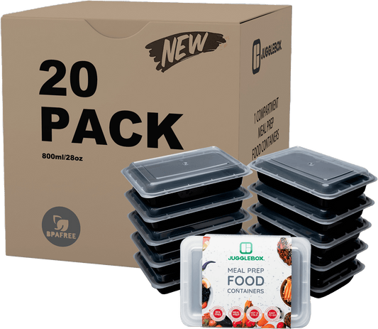 20 Pack 1-Compartment Reusable Meal Prep Containers Black [800ml] - Jugglebox Australia