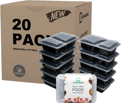 20 Pack 2-Compartment Reusable Meal Prep Containers Black [880ml] - Jugglebox Australia