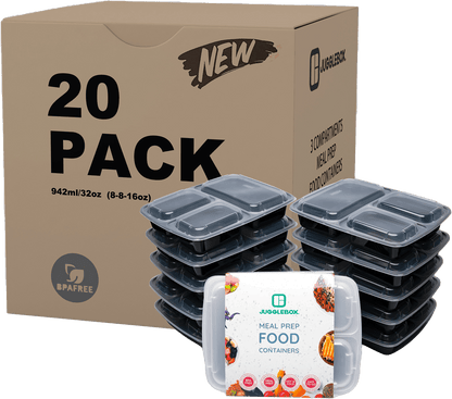 20 Pack 3-Compartment Reusable Meal Prep Containers Black [942ml] - Jugglebox Australia