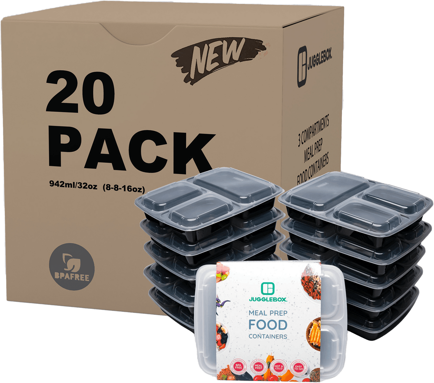 20 Pack 3-Compartment Reusable Meal Prep Containers Black [942ml] - Jugglebox Australia