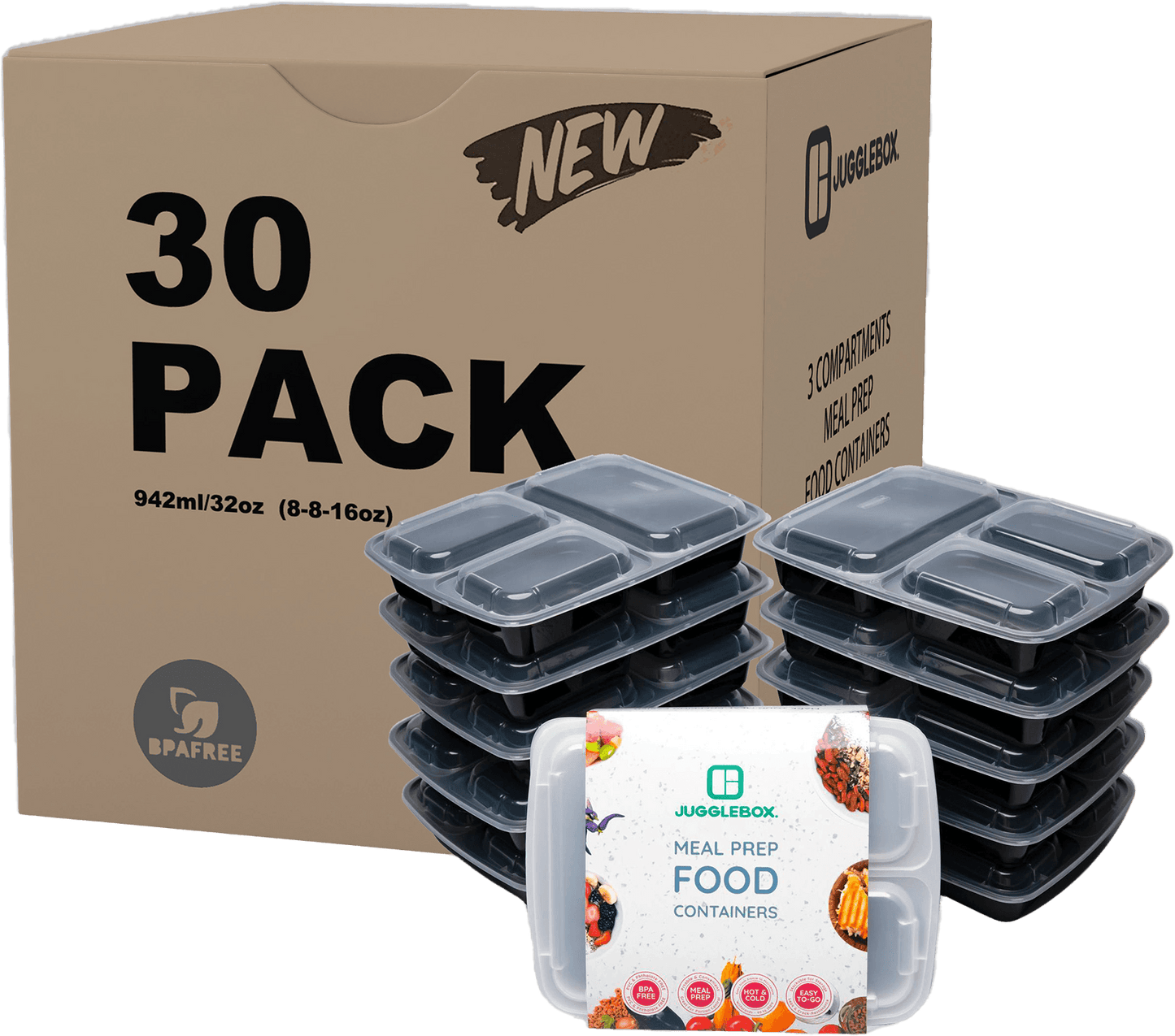 30 Pack 3-Compartment Reusable Meal Prep Containers Black [942ml] - Jugglebox Australia