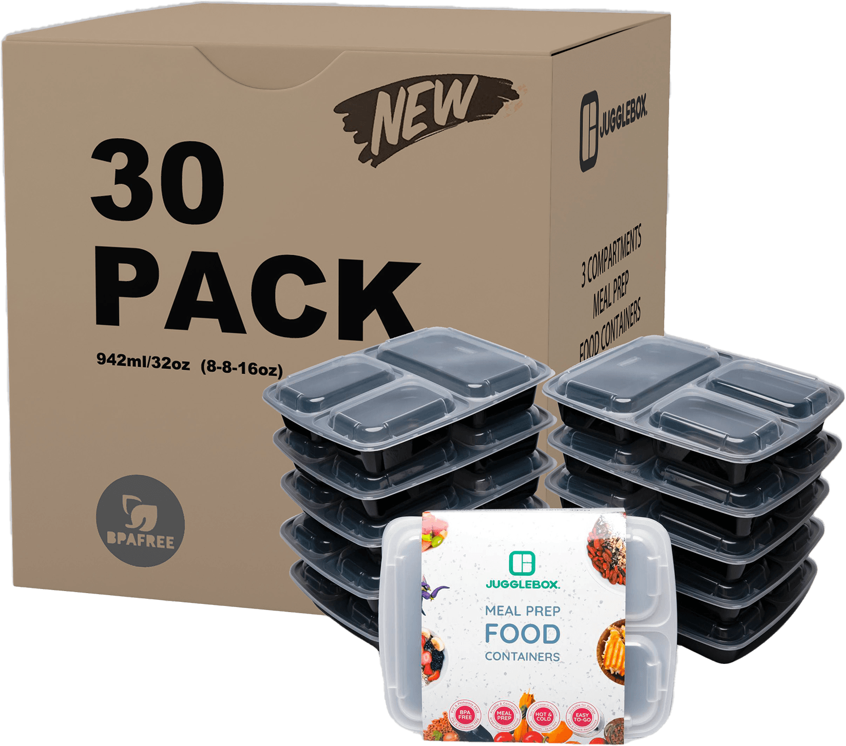 30 Pack 3-Compartment Reusable Meal Prep Containers Black [942ml] - Jugglebox Australia